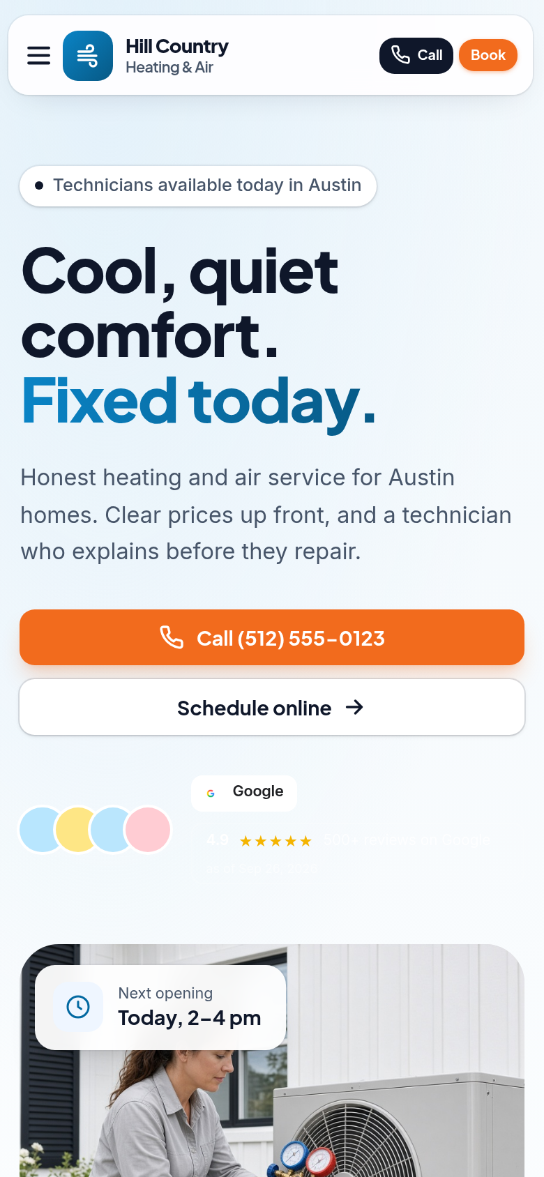 Clarity mobile website design — clean, modern look for heating and air shops