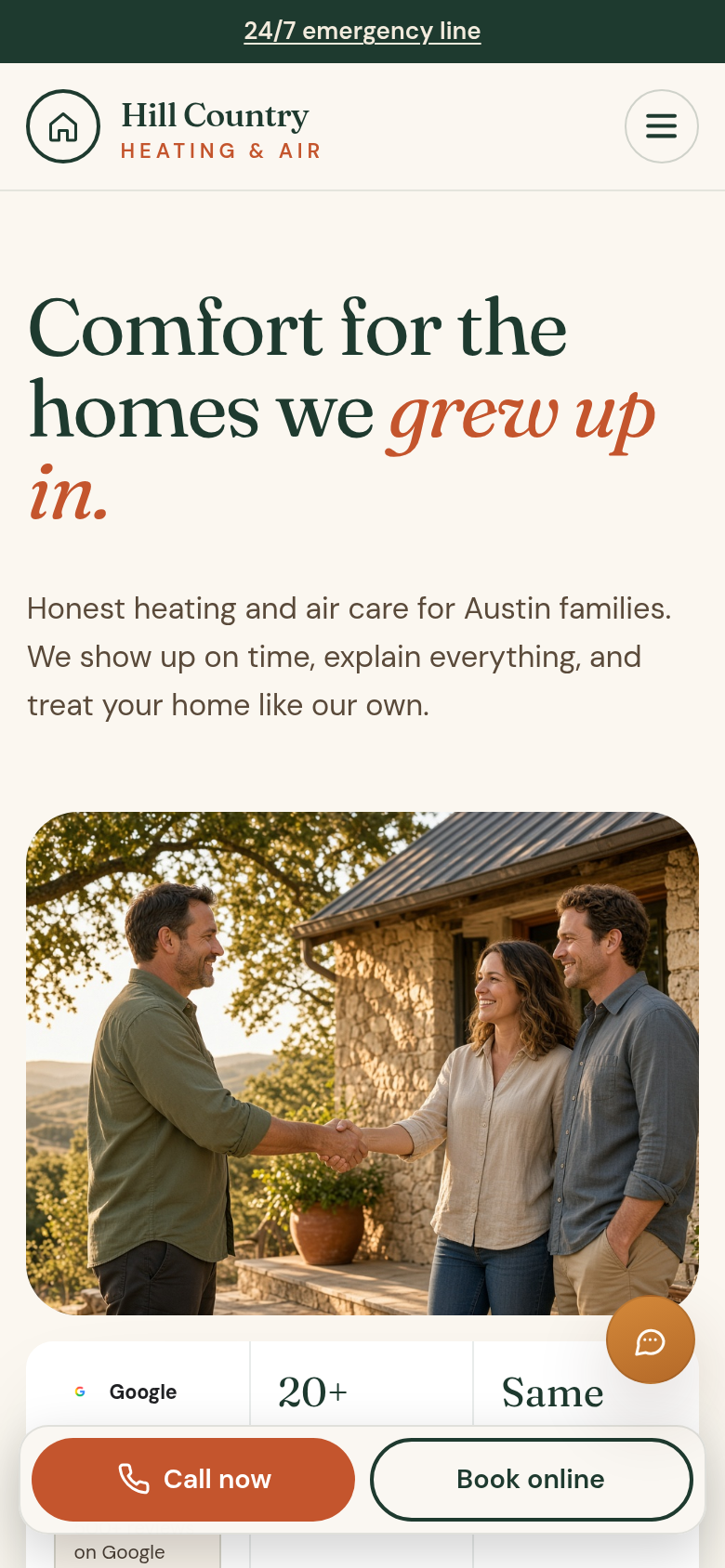 Evergreen mobile website design — bold, vibrant look for heating and air shops
