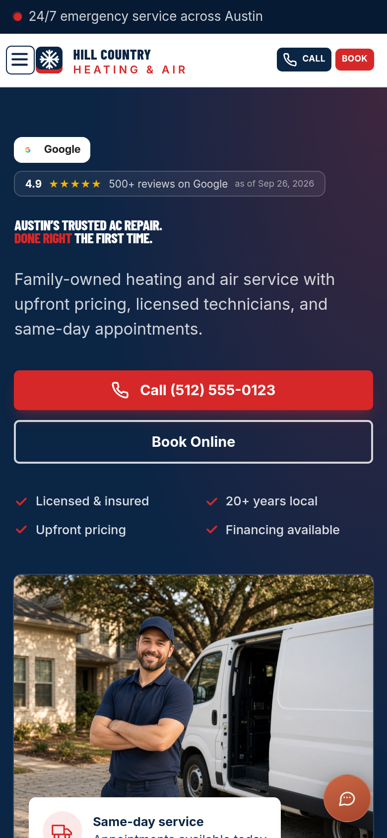 Heritage mobile website design — warm, classic look for heating and air shops
