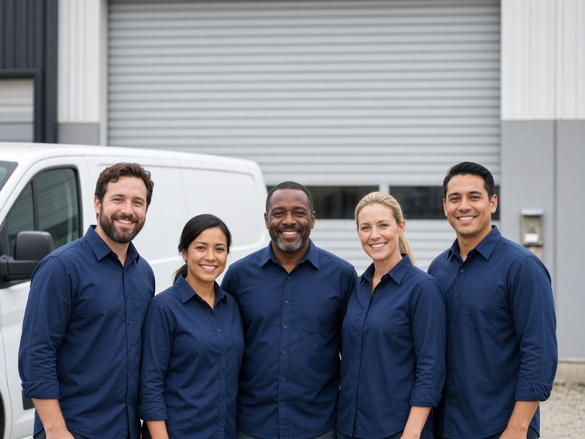 The team standing in front of the shop
